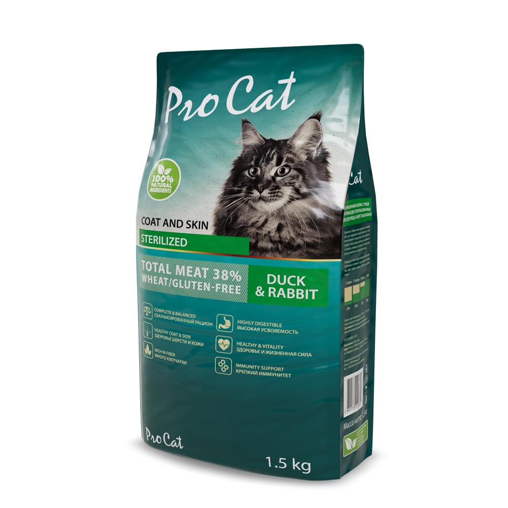Корм для кошек PRO CAT для стерилизованных для здоровья кожи и шерсти, утка с кроликом сух.