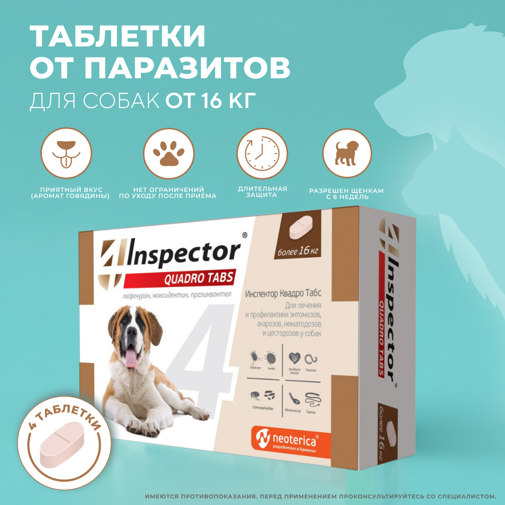 Таблетки от клещей, блох и глистов для собак INSPECTOR Quadro Tabs более 16кг