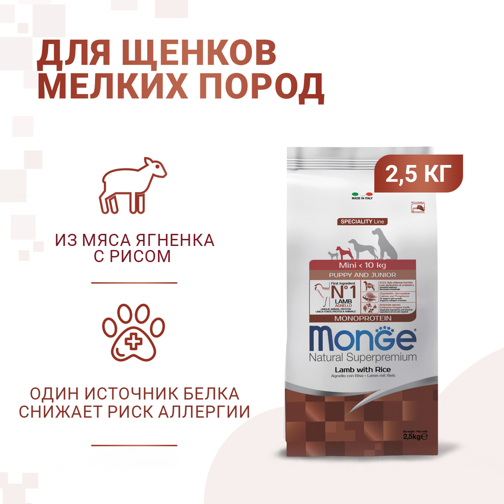 Корм для щенков MONGE Dog Speciality Mini для мелких пород ягненок с рисом сух.