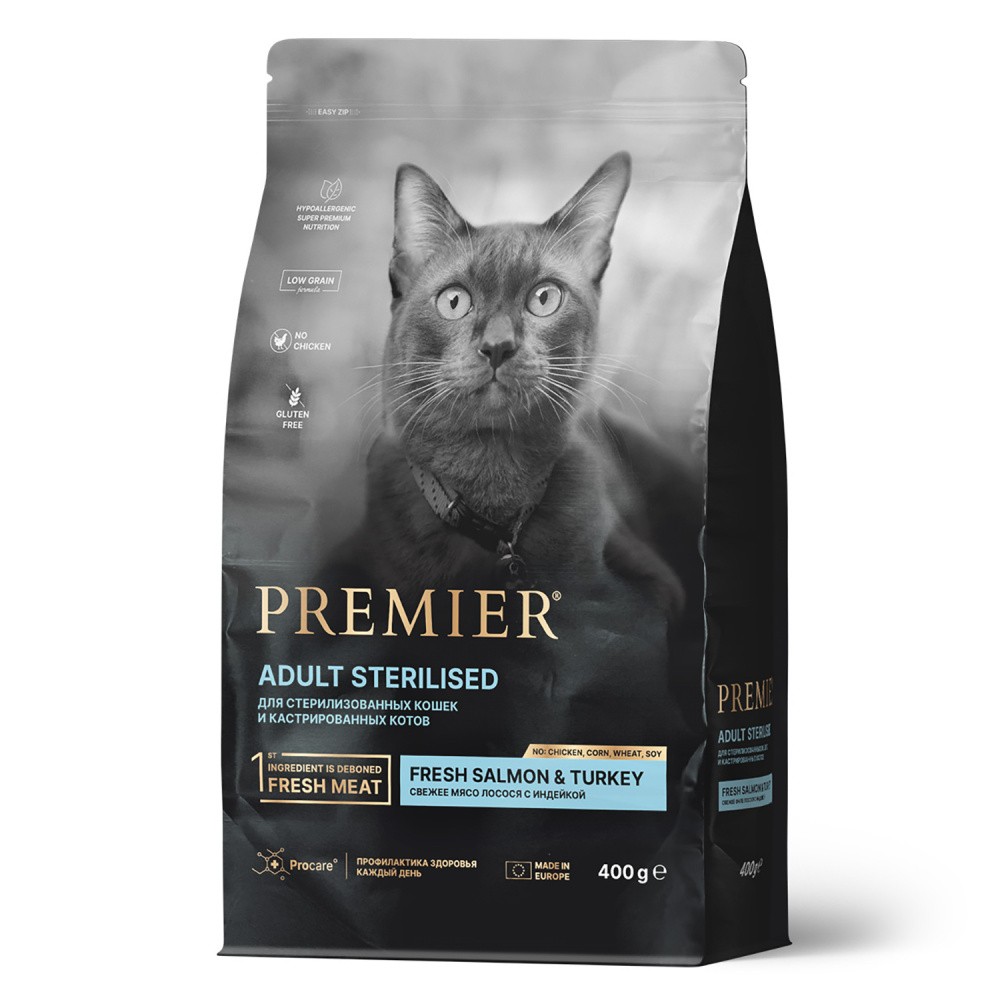 Корм для кошек PREMIER Cat для стерилизованных, свежее филе лосося с индейкой сух.