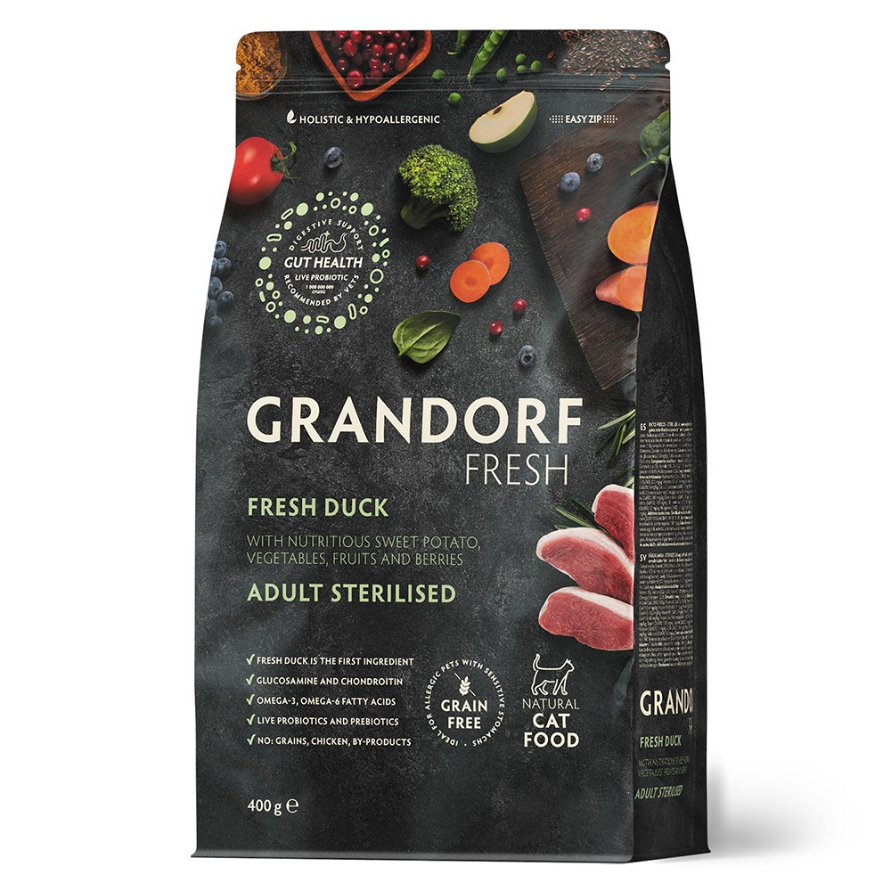 Беззерновой корм с живыми пробиотиками для кошек GRANDORF Fresh Cat Sterilised для стерилиз., свежее мясо утки с бататом сух.