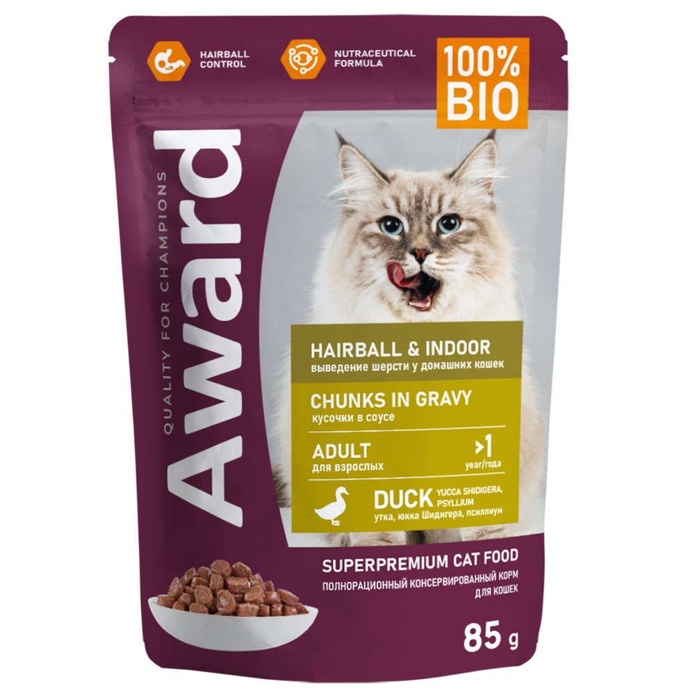 Корм для кошек AWARD Hairball & Indoor для вывед.шерсти, для домаш.,кусочки в соусе с уткой пауч