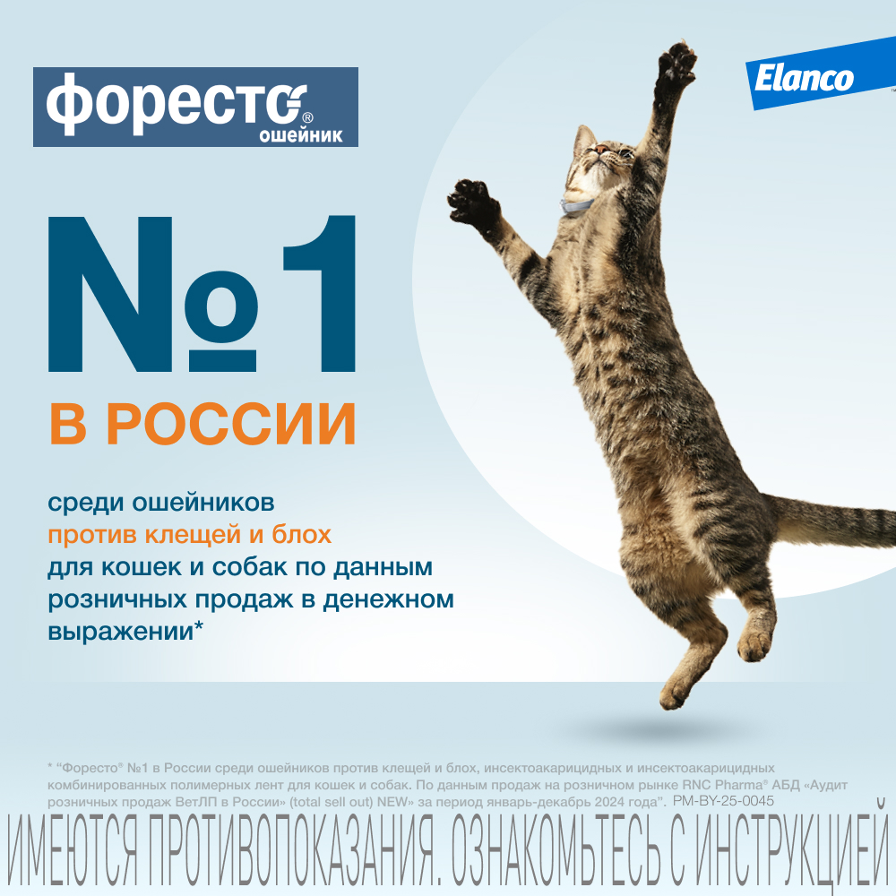 Ошейник для кошек ELANCO Форесто от клещей, блох и вшей, защита 8 месяцев