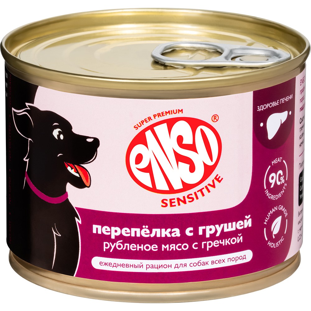 Корм для собак ENSO Sensitive подд.здор.печени, рубл.мясо перепелки с греч. и грушей банка