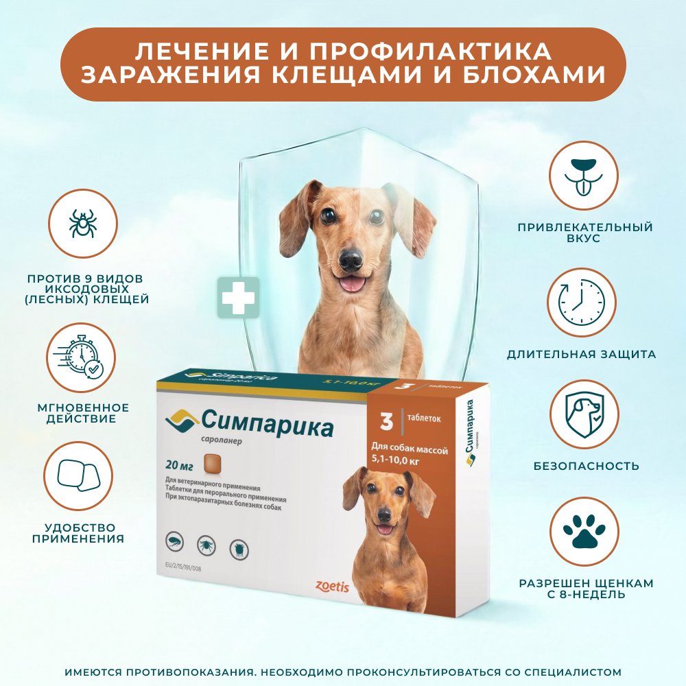Таблетки для собак ZOETIS Симпарика от блох и клещей (5-10кг) 20мг, 3 таб на 105 дн.