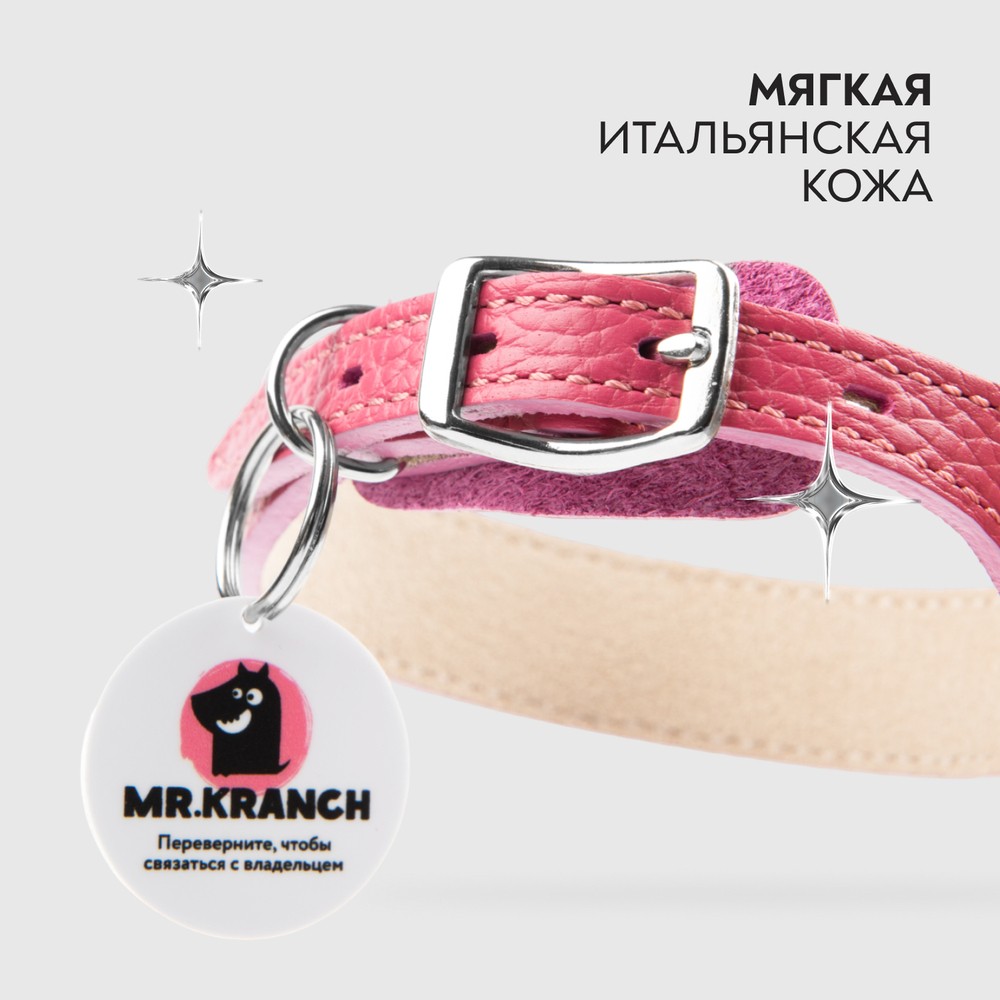 Ошейник для собак MR.KRANCH из натуральной кожи с QR-адресником, розовый 22-26см