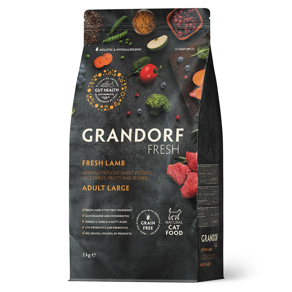Беззерновой корм с живыми пробиотиками для кошек GRANDORF Fresh Cat Large для крупных пород, свежее мясо ягненка с бататом сух.