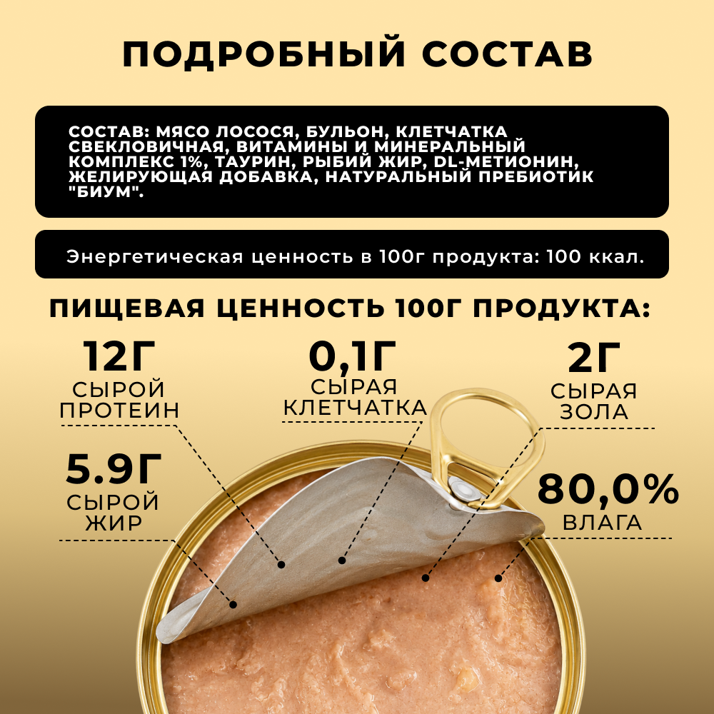 Корм для кошек СЧАСТЛИВЫЙ ГУРМАН Лосось натуральный с пребиотиком в желе, банка
