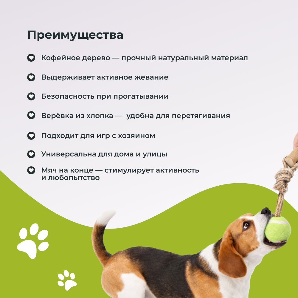 Игрушка для собак FOXIE Тяни-толкай Палочка из кофейного дерева с веревкой и мячом 34см