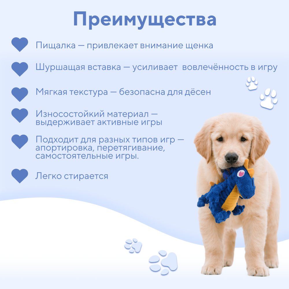 Игрушка для собак FOXIE Дракончик синий с пищалкой и шуршалкой 16х18см плюш