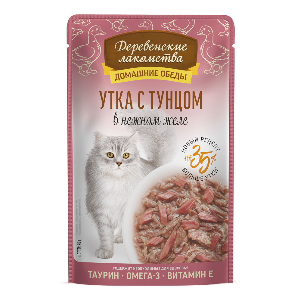 Корм для кошек ДЕРЕВЕНСКИЕ ЛАКОМСТВА Утка с тунцом в нежном желе пауч