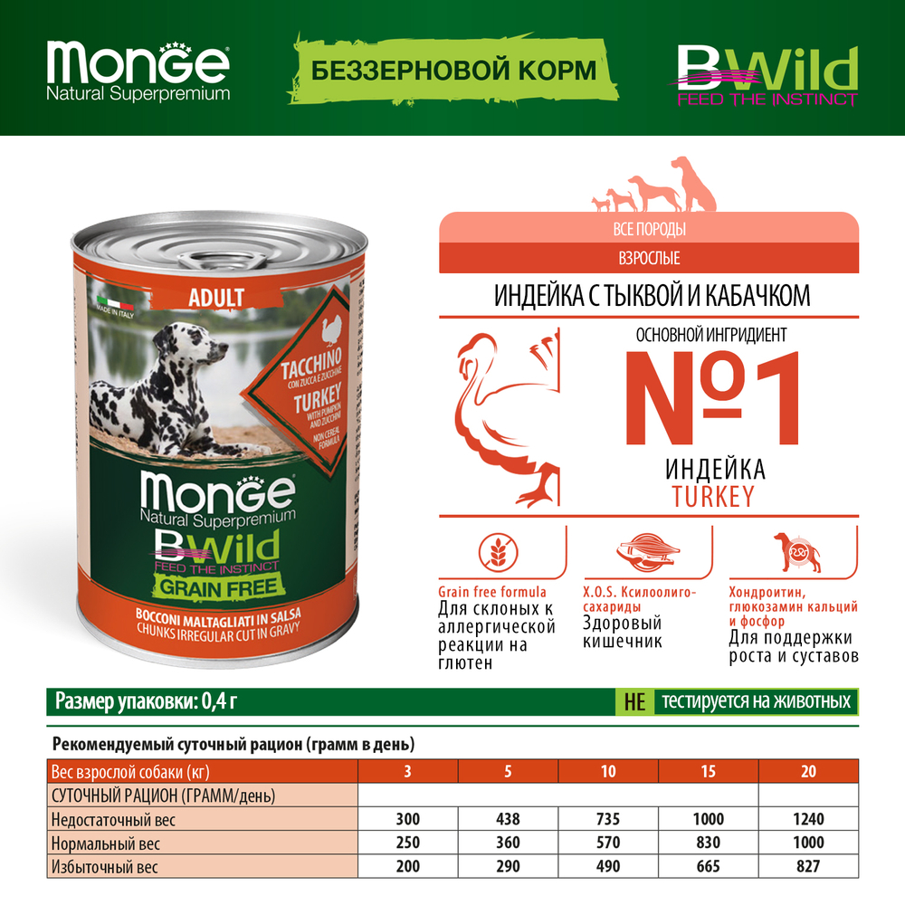 Корм для собак MONGE Dog BWild Grain Free индейка с тыквой и кабачками банка