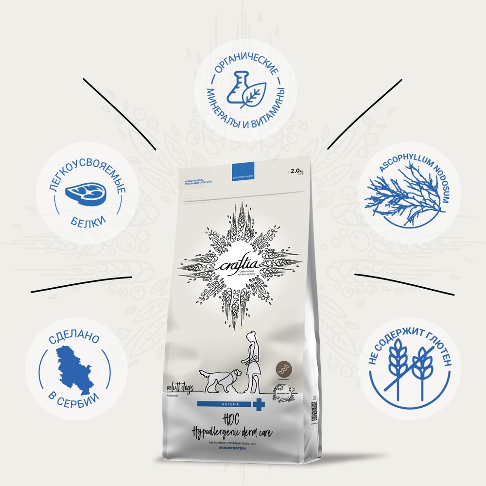 Корм для собак CRAFTIA Galena Dog Hypoallergenic Derm Care при пищ.аллергии и забол.кожи сух.
