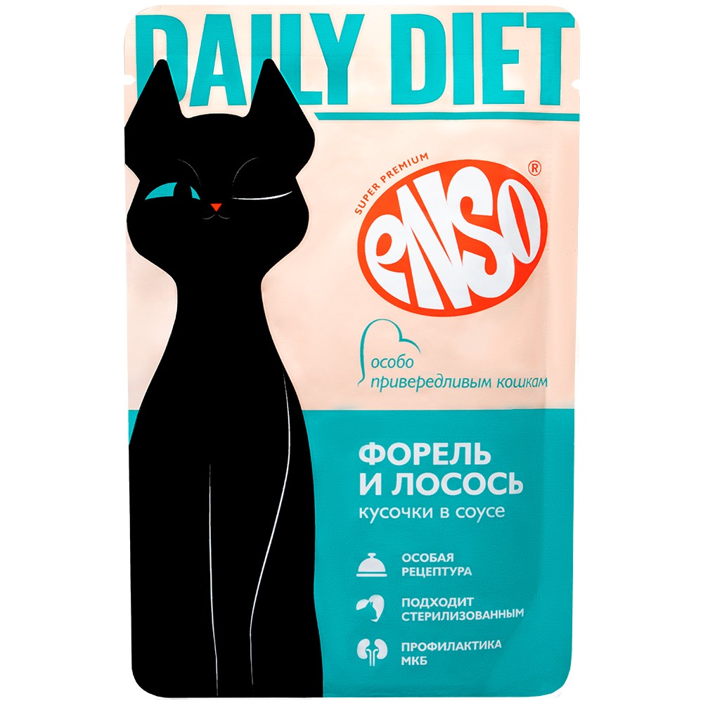 Корм для кошек ENSO Daily Diet для привередливых, кусочки в соусе с форелью и лососем пауч