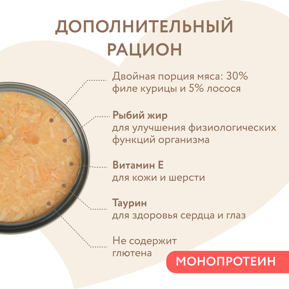 Корм для кошек и котят старше 6 мес. МНЯМС дополнительный, курица с лососем в нежном желе банка