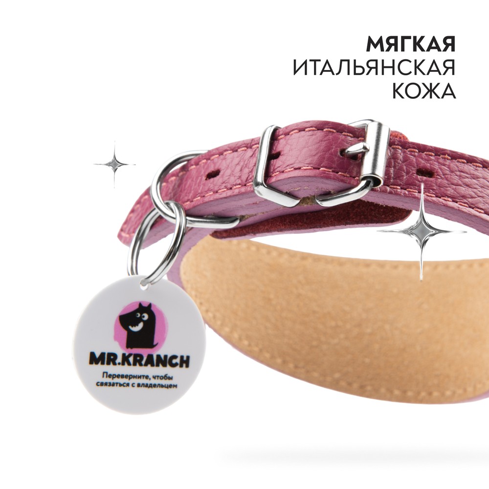 Ошейник-селедка для собак MR.KRANCH из натуральной кожи с QR-адресником, малиновый 21-25см