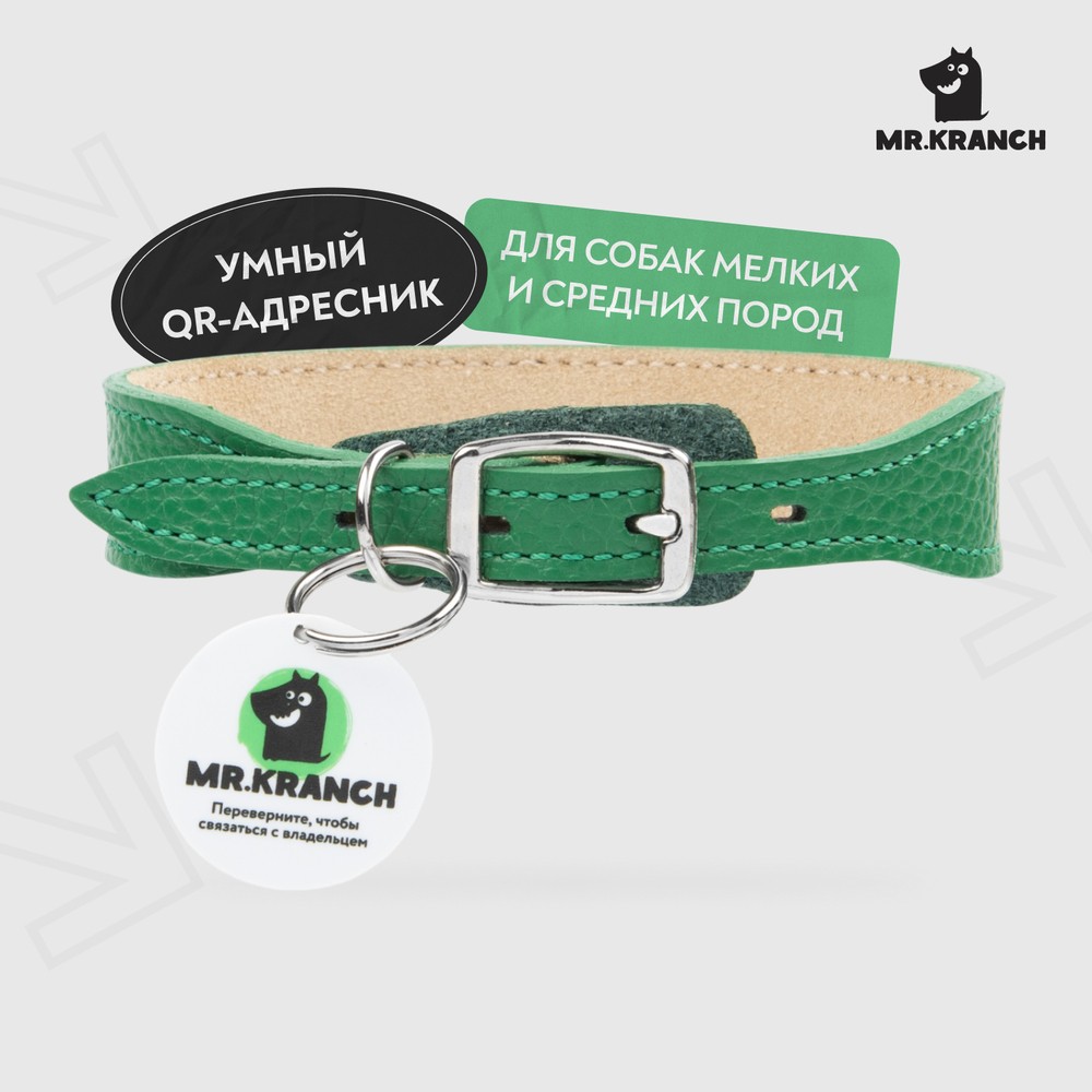 Ошейник для собак MR.KRANCH из натуральной кожи с QR-адресником, зеленый 22-26см
