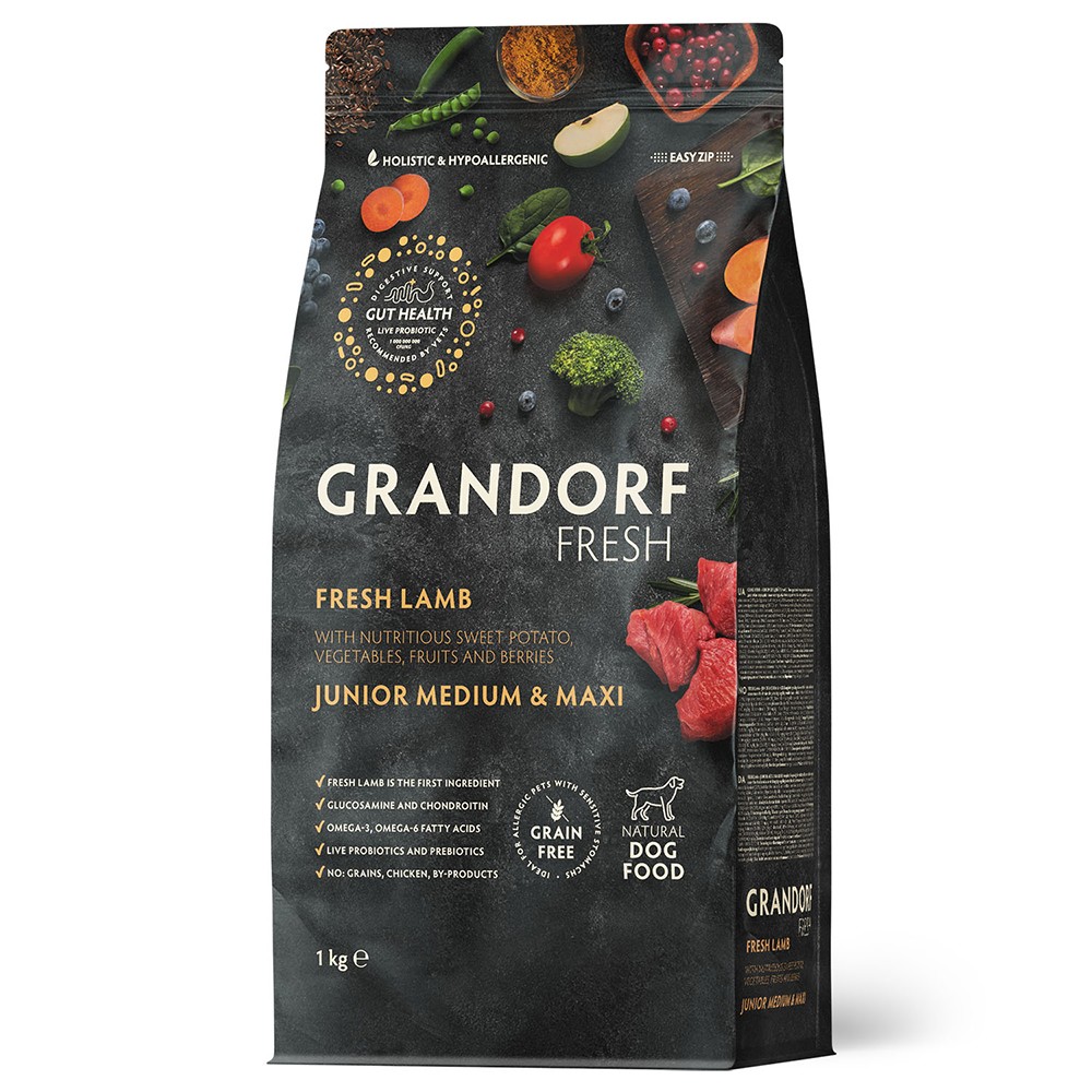 Беззерновой корм с живыми пробиотиками для молодых собак GRANDORF Fresh Dog Свежее мясо ягненка с бататом сух.