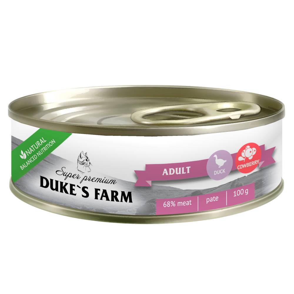 Корм для кошек DUKE'S FARM паштет утка, брусника банка