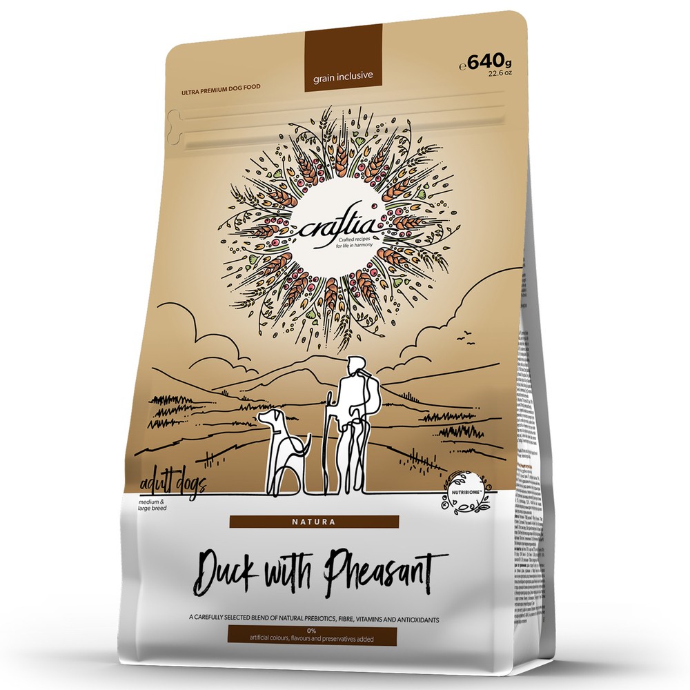 Корм для собак CRAFTIA Natura для средних и крупных пород, из утки с фазаном сух.