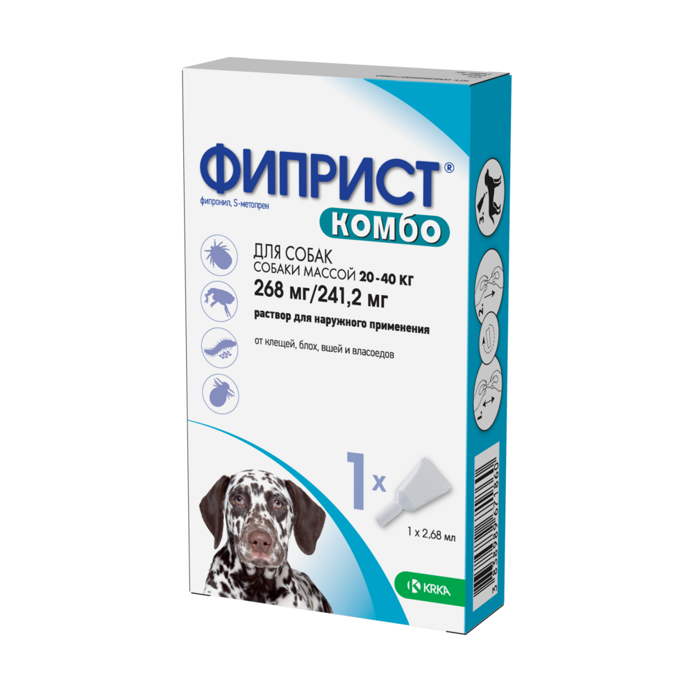 Капли для собак KRKA Фиприст Комбо от клещей и усиленным действием против блох (20-40кг) 2,68мл, 1 пипетка