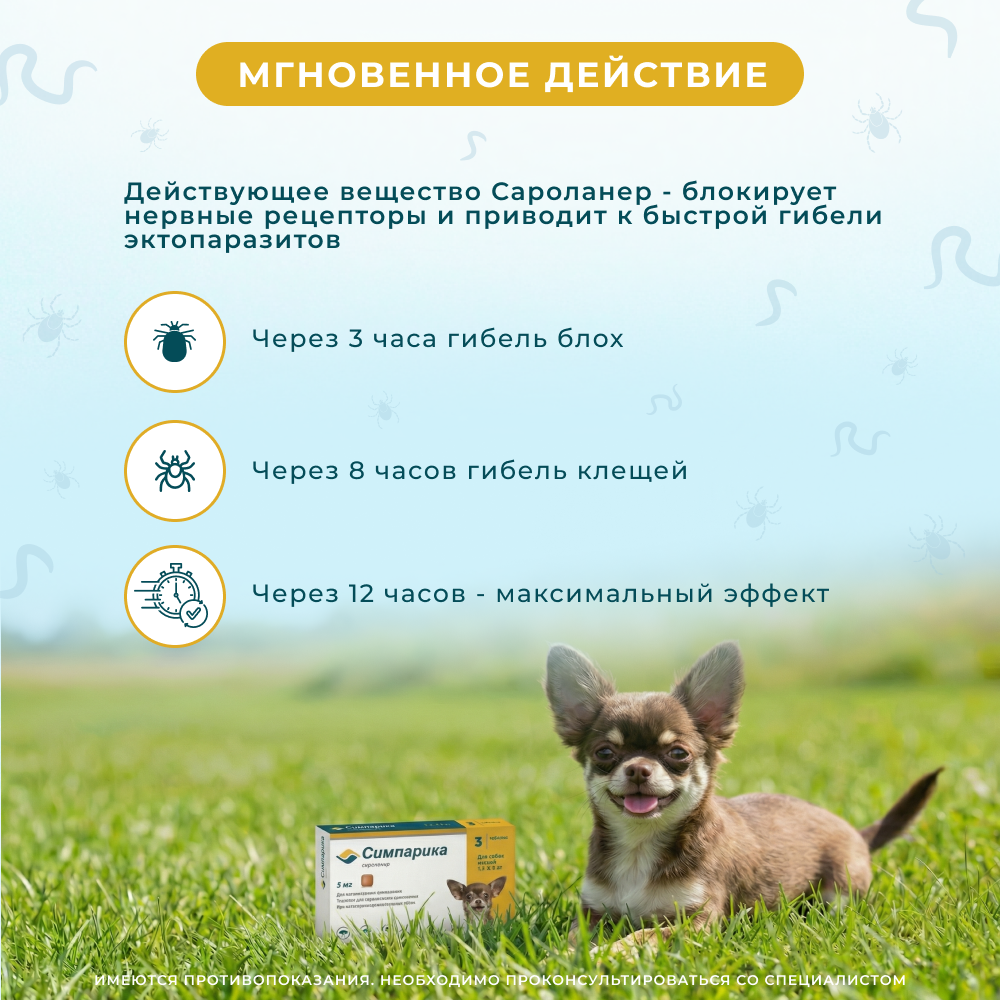 Таблетки для собак ZOETIS Симпарика от блох и клещей (1,3-2,5кг) 5мг, 3 таб на 105 дн.