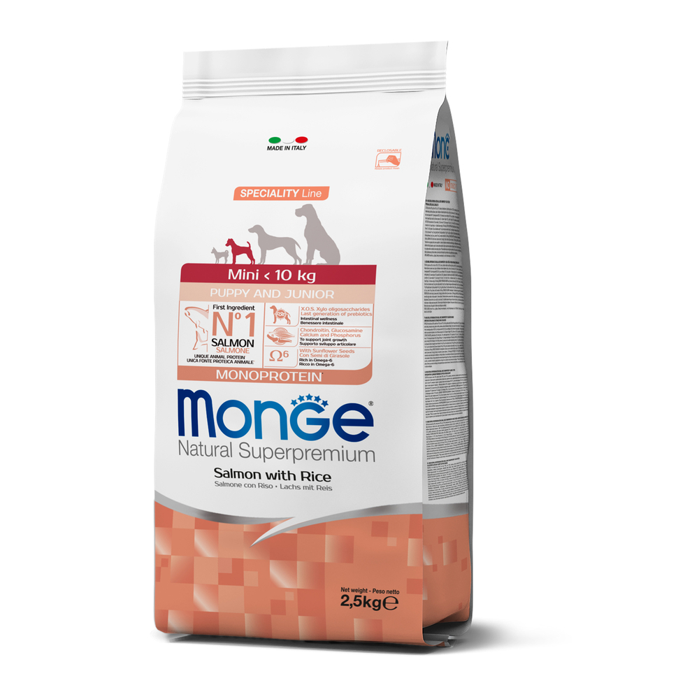Корм для щенков MONGE Dog Speciality Line Monoprotein для мелких пород, лосось с рисом сух.