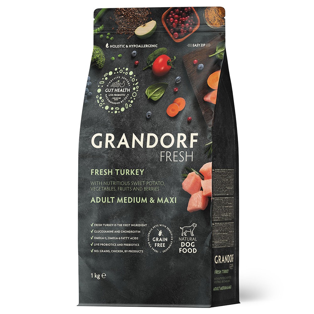 Беззерновой корм с живыми пробиотиками для собак GRANDORF Fresh Dog Med&Maxi для ср.и кр.пород, свежее мясо индейки с бататом сух.