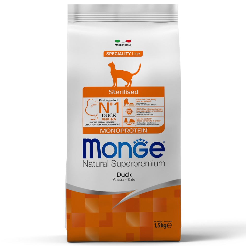 Корм для кошек MONGE Monoprotein Sterilised Duck для стерилизованных, утка сух.