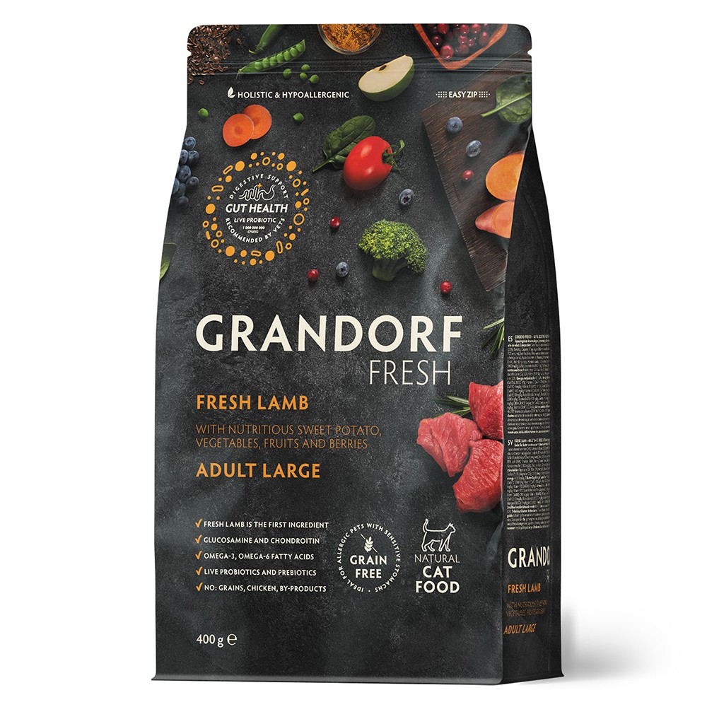 Беззерновой корм с живыми пробиотиками для кошек GRANDORF Fresh Cat Large для крупных пород, свежее мясо ягненка с бататом сух.