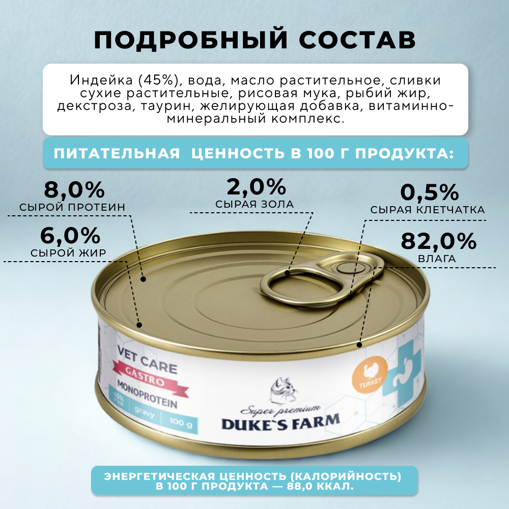 Корм для кошек DUKE'S FARM Vet Care Gastrointestinal Monoprotein при расстройствах пищеварения, индейка волокна в соусе банка