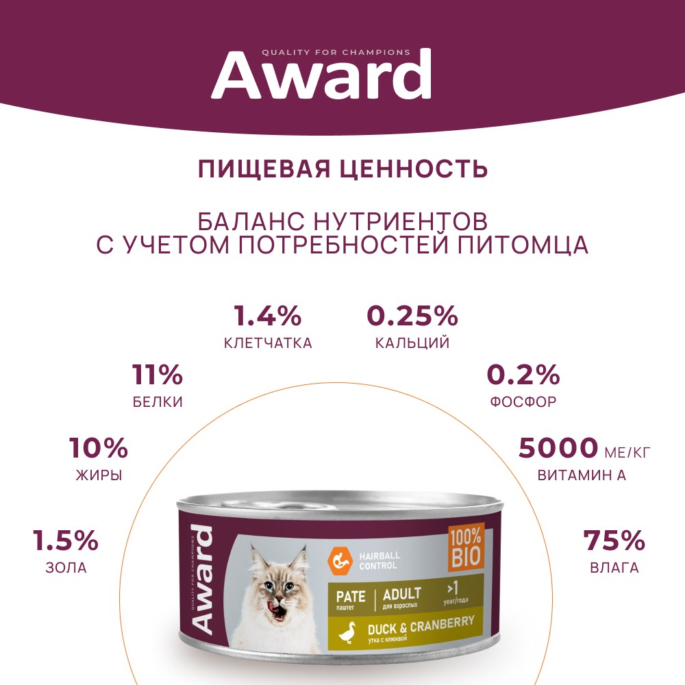 Корм для кошек AWARD паштет из утки с клюквой банка