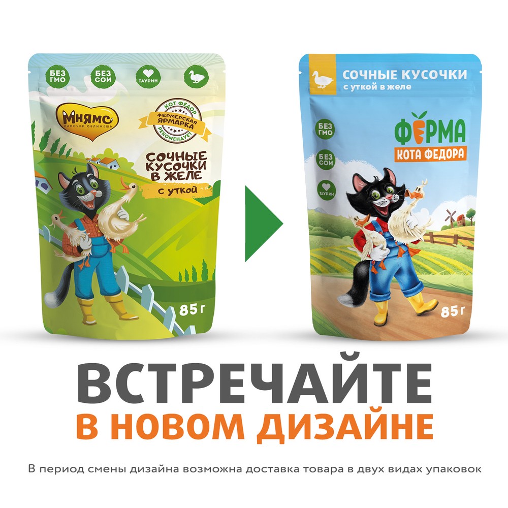 Корм для кошек ФЕРМА КОТА ФЁДОРА сочные кусочки в желе с уткой пауч