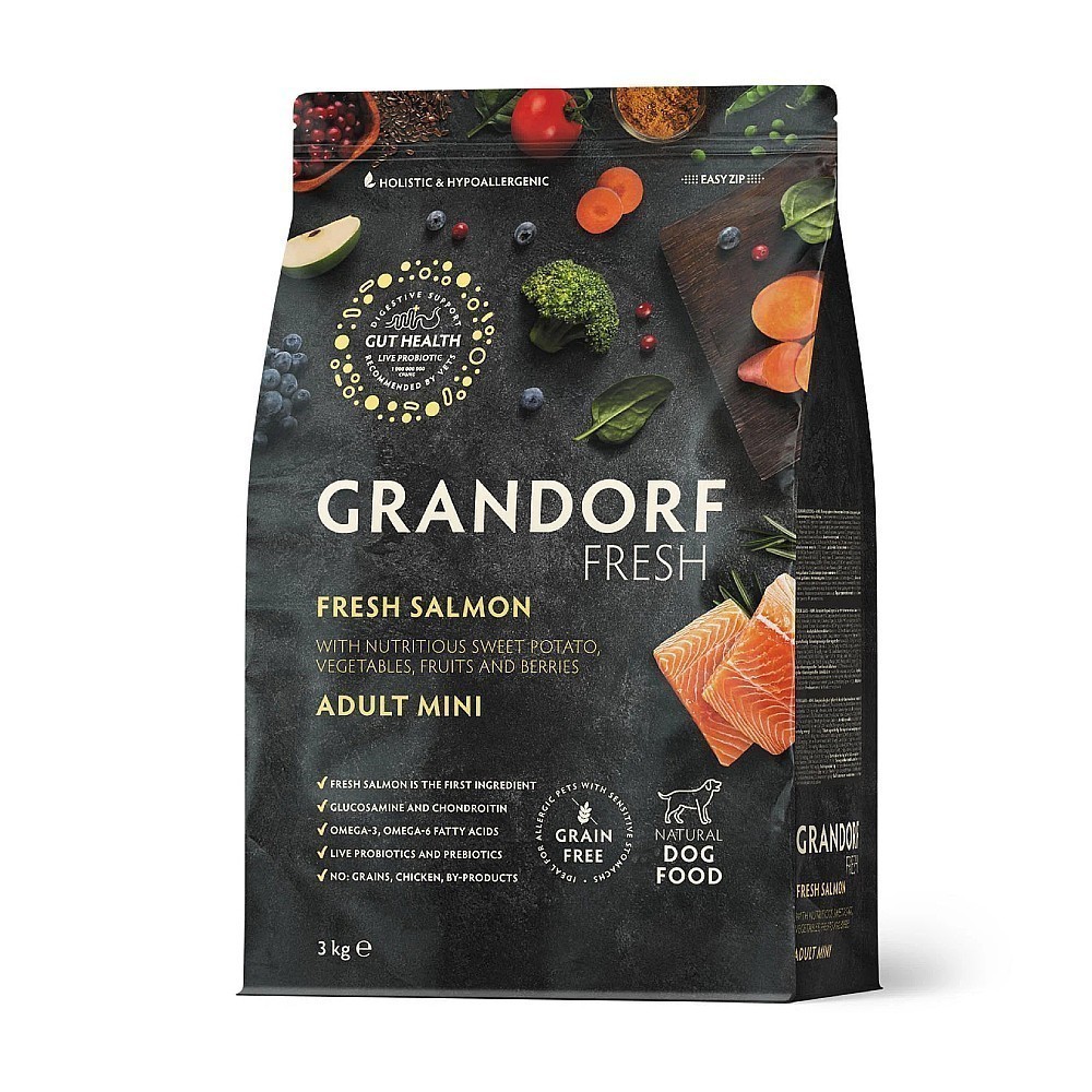 Беззерновой корм с живыми пробиотиками для собак GRANDORF Fresh Dog Mini свежее филе лосося с бататом для мелких пород сух.