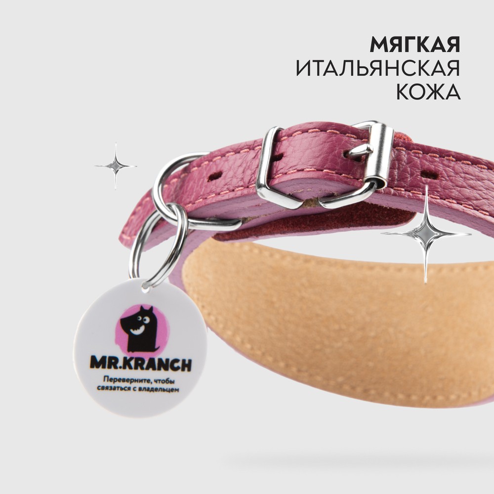 Ошейник-селедка для собак MR.KRANCH из натуральной кожи с QR-адресником, малиновый 19-23см