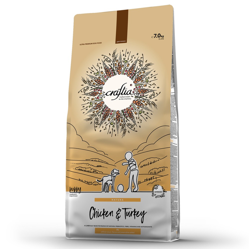 Корм для щенков CRAFTIA Natura для средних и крупных пород, из курицы и индейки сух.