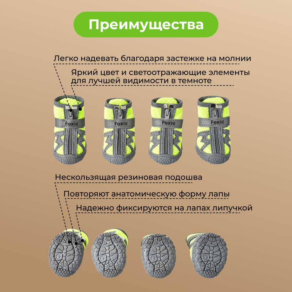 Ботинки для собак FOXIE Electro XL 5,3х4,8см салатовые