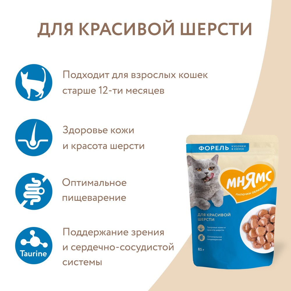 Корм для кошек МНЯМС для красивой шерсти, кусочки в соусе с форелью пауч