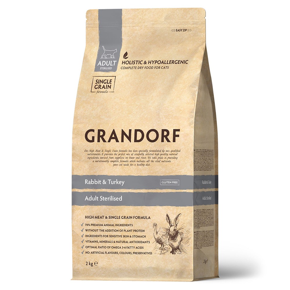 Корм для кошек GRANDORF для стерилизованных, кролик с индейкой сух.