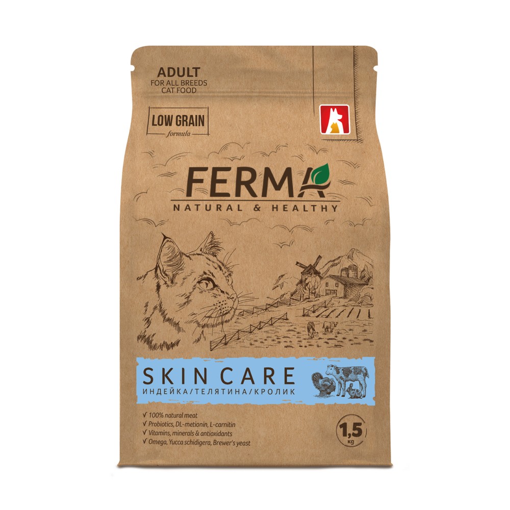 Корм для кошек ЗООГУРМАН Ferma Skin Care индейка с телятиной и кроликом сух.