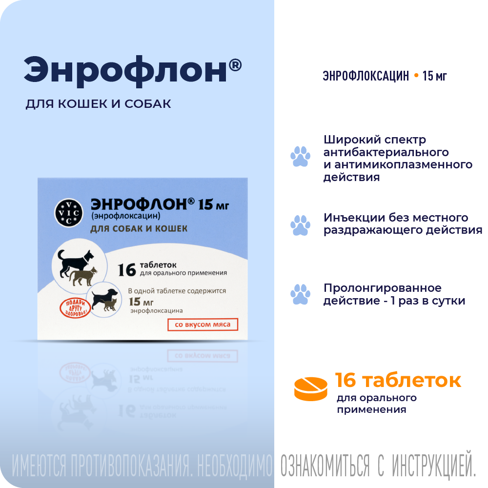 Препарат антимикробный VIC Энрофлон для перорального применения, 15мг, 16табл. (рецепт)