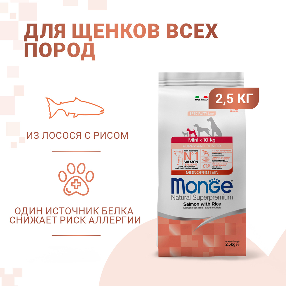 Корм для щенков MONGE Dog Speciality Line Monoprotein для мелких пород, лосось с рисом сух.