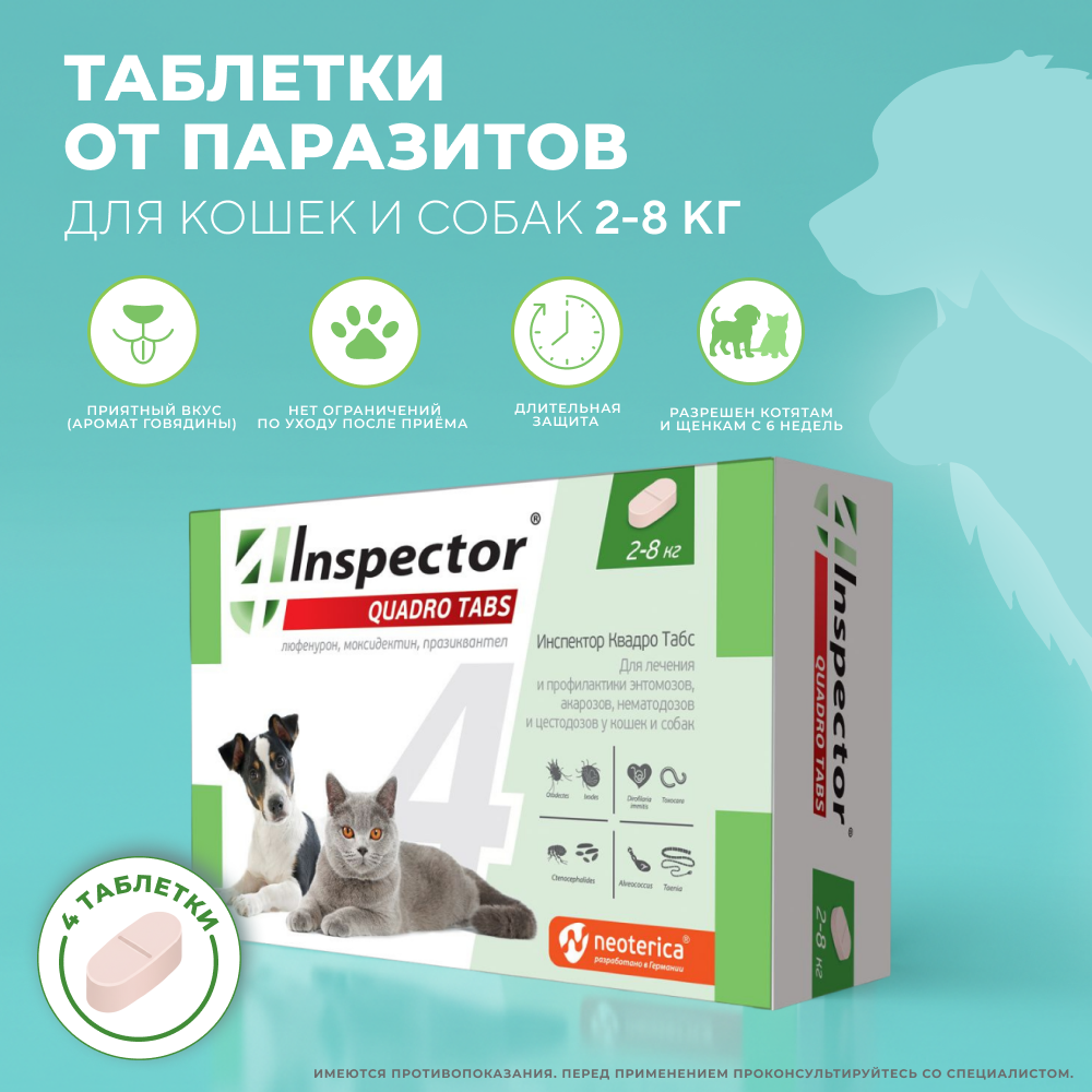 Таблетки от клещей, блох и глистов для кошек и собак INSPECTOR Quadro Tabs 2-8кг