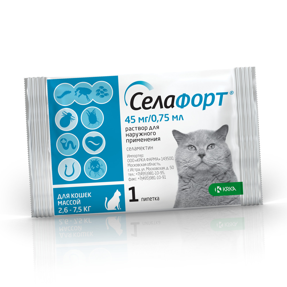 Капли для кошек KRKA Селафорт от ушн. и чесоточ.клещей, блох, гельм 2,6-7,5кг, 0,75мл (45мг), 1 уп