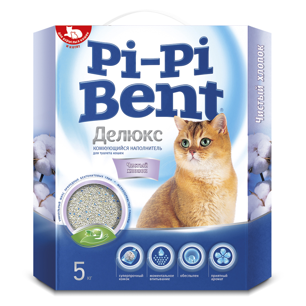 Наполнитель для кошачьего туалета PI-PI BENT DeLuxe Clean cotton комкующийся, коробка