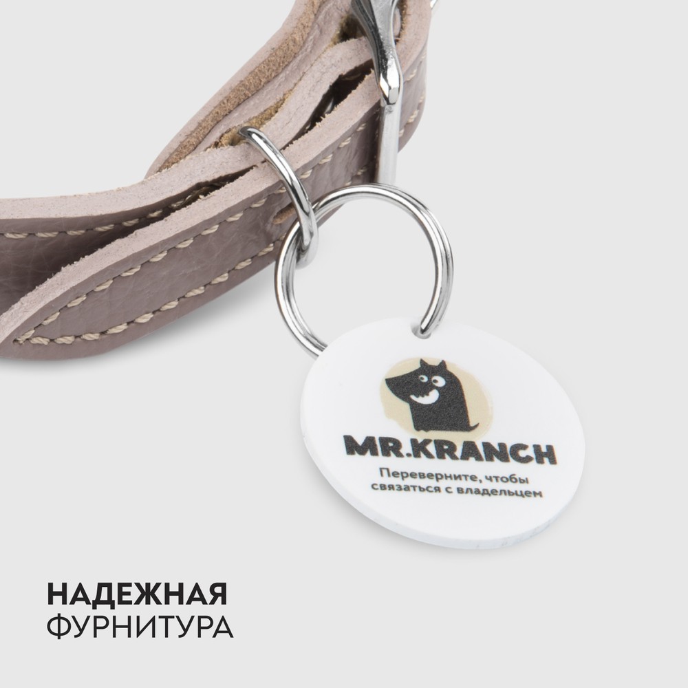 Ошейник для собак MR.KRANCH из натуральной кожи с QR-адресником, бежевый 38-45см