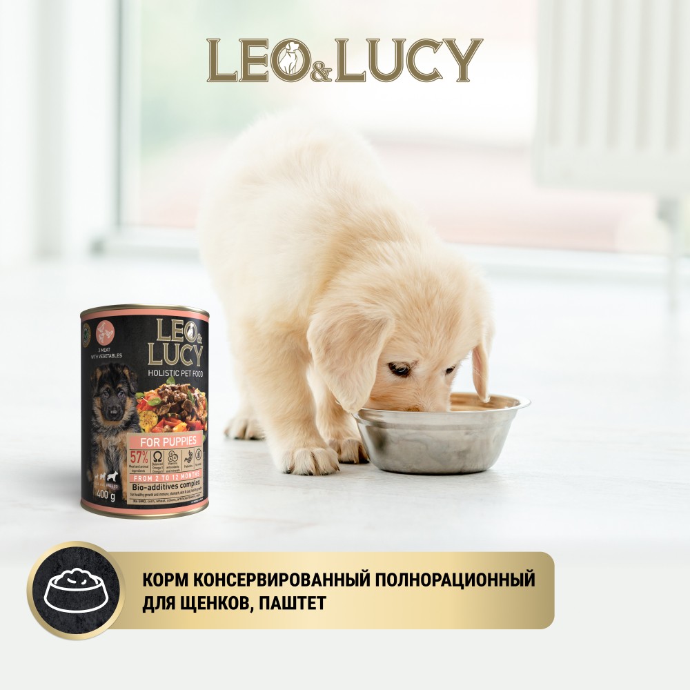 Корм для щенков LEO&LUCY паштет мясное ассорти с овощами и биодобавками банка