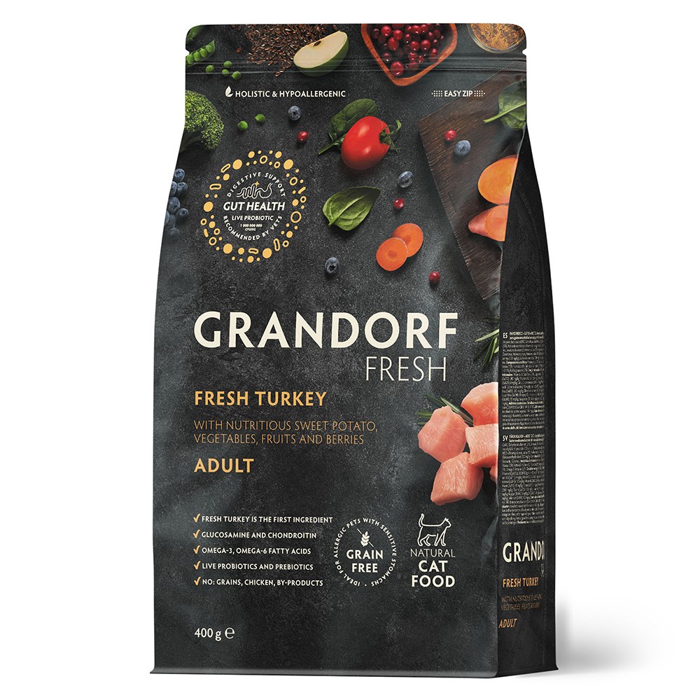 Беззерновой корм с живыми пробиотиками для кошек GRANDORF Fresh Cat Свежее мясо индейки с бататом сух.