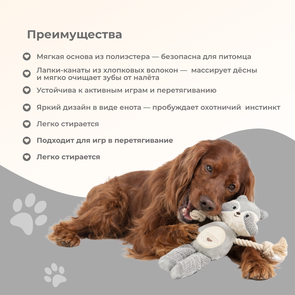 Игрушка для собак FOXIE Енот с лапками-канатами 31х15х3,5см