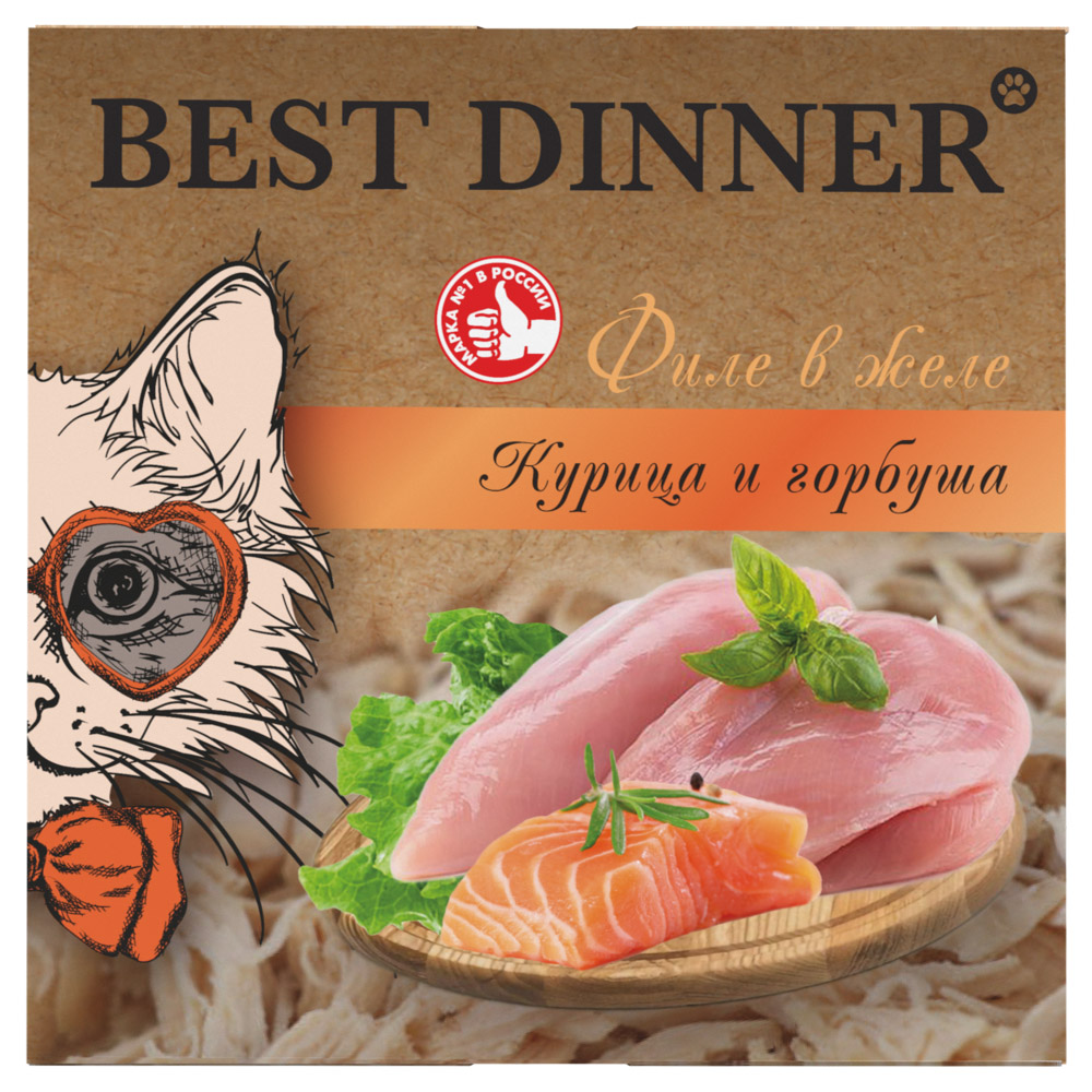 Корм для кошек BEST DINNER для стерил., мясные волокна в желе курица с горбушей ламист.
